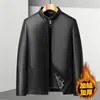 Chaqueta de cuero forrada de polar con cuello alto para invierno para hombre, corte holgado, prenda exterior talla grande, abrigo de cuero casual para papá, talla grande