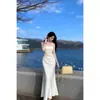 Vestido de tirantes cruzados de malla y satén para comercio exterior transfronterizo, estilo nuevo, entallado a la cintura, adelgazante, bodycon, vestido tipo slip