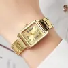 Reloj cuadrado pequeño para mujer de venta caliente transfronteriza con correa de acero dorado, reloj de cuarzo, fabricante de relojes de moda y elegantes, al por mayor en stock.