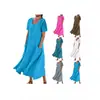 Vestido Feminino Transfronteiriço Europeu e Americano Amazon Cor Sólida Gola Redonda Manga Curta Bainha Longa Solta