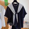 Conjunto de dos piezas para mujer de talla grande con camiseta de manga corta a rayas y chal, adecuado para principios de primavera y verano, corte holgado, top de manga corta talla grande