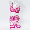 Comercio Exterior Estilo Oscuro Encaje Floral Sujetador Ultradelgado Bordado Transparente Sedoso Talla Grande Reductor de Busto Juego de Lencería de Cuatro Piezas