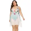 Vestido Cruzado Plus Size Feminino com Patchwork Floral Artesanal Aleatório, Franjas Longas, Alças de Amarrar, Vestido de Alça Dupla Camada, Vestido Plus Size