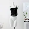 Camiseta regata feminina 3D com design de flor, sem mangas, babados, fit slim para afinar, top camisola preto