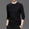Camiseta de Punto Manga Larga Jacquard Cuello Redondo para Hombre Otoño Nuevo Estilo Casual Color Sólido Suéter Camisa Base para Hombres Jóvenes y de Edad Media