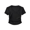 Moda francesa gola redonda pulôver curto top feminino cintura alta elástico apertado lateral plissado fio manga curta camiseta