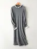 Vestido de Lã 100% Pura com Gola de Renda de Alta Qualidade para Mulheres, Suéter Base Soltinho para Outono e Inverno, Vestido Longo de Tricô de Caxemira