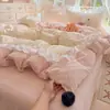 Conjunto de cama de quatro peças macio e como uma nuvem, com acabamento em renda, 100% algodão, estilo coreano, adequado para dormitórios de estudantes, conjunto de lençóis de três peças