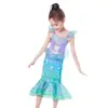 Falda de Princesa Sirena para Niños Transfronteriza Manga Corta con Volantes Malla de Lentejuelas Vestido Estilo Vacaciones Falda de Princesa Baotong para Niña