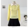 Tricô de Base Manga Longa Color Block Retro Coreano Gola Polo de Contraste Outono e Inverno Novo Slim Look Emagrecedor Top para Mulheres