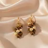 Brincos Maillard Outono e Inverno para Mulheres, Brincos de Luxo Leve de Nicho, Brincos Elegantes Populares Estilo Retrô com Pedra Olho de Tigre