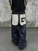 Jeans deconstructed com estampa de leopardo retrô americano e bordado de letra, bolso grande, calças largas soltas da moda unissex para a rua