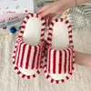 Pantuflas de algodón a rayas de color contrastante, nuevo estilo otoño e invierno, modernas y únicas, pantuflas de felpa cálida para mujer, de casa, con punta abierta