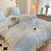 Juego de ropa de cama para bebé estilo princesa francesa de grado A para otoño/invierno de terciopelo de leche, incluye un juego de cuatro piezas con ribete de encaje, funda de edredón y sábana bajera