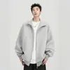 Chamarra de peso pesado con cuello alto de 400 g para hombre, otoño e invierno, estilo americano, corte holgado, de alta gama, versátil, con cremallera, sudadera tipo cárdigan gris