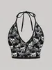 Top Halter Negro y Blanco Estilo Y2K con Estampado de Calavera Gótica Oscura, Espalda Descubierta, Moda Corto sin Mangas