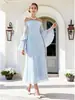 Vestido de noite azul claro ombro a ombro Amazon transfronteiriço Estilo suave gola halter cintura marcada midi Vestido formal leve para reunião anual