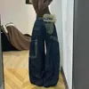 Calça Jeans Casual Lavada Patchwork Estampa de Leopardo Camuflagem Americana Feminina Outono Inverno Novo Perna Larga Solta Foice Calça Longa Tendência