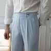 Pantalones de Hombre Azules Nápoles Ajustados, Pantalones Casuales Rayados de Caída Retro Británica de Cintura Alta, Pantalones Largos Delgados, Modernos