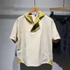 Moda Estilo Coreano Combinação de Cores Versátil Cordão Roupa de Trabalho Top com Capuz Verão 2025 Respirável Ombro a Ombro Camiseta Masculina de Manga Curta