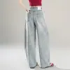 Jeans estiloso e moderno de perna curva para mulheres, nova coleção outono 2026, cintura alta, modelador, perna reta, calça versátil de perna larga