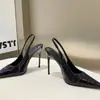 Tacones de Aguja Sexy de Punta Negra con Diseño de Espalda Abierta, Zapatos de Tacón Alto Estilo Francés Modelo Nuevo 2025 para Mujer, Sandalias de Punta Cerrada de Charol para Mujer