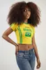 Roupa de Verão Europeia e Americana para Mulheres com Estampa de Letras e Bandeira, Cropped Sexy de Corte Justo, Camiseta Fashion e Versátil para Trabalho e Lazer