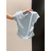 Top de Color Sólido con Cuello en V Ajustado a la Cintura con Pliegues para Mujer, Camiseta Elegante de Verano para Usar Debajo, Camiseta de Moda Sexy de Manga Corta con Hombro Derecho Descubierto