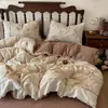 Juego de ropa de cama de doble capa de gasa con encaje francés, mezcla de lino y algodón engrosado para otoño e invierno, con funda nórdica de estilo retro adecuada para todas las estaciones.