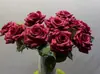 Tallo Individual de Rosa Artificial Borgoña Blanco Rosa Flor Falsa