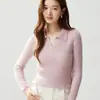 Novedad Otoño 2026 Suéter de Punto Fino para Mujer con Rayas, Cuello Polo de Cachemira, Ajuste Ceñido, Manga Larga, Capa Base
