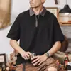 Verão Peso Pesado Solta Zíper Gola Esportiva Masculina Tendência Manga Curta Camiseta Retro Americano Camisa Polo Masculina Manga Curta