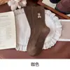 Meias de Lã para Mulheres com Ursos Bordados, Meias Fofas de Cano Médio com Renda de Boca Bolha, Efeito Emagrecedor, Meias Quentes para Outono e Inverno, Versão Engrossada