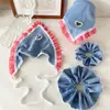 Novo Estilo Azul Denim Laço Camada Dupla Argola de Cabelo Bolsa Cereja Vermelha Faixa de Cabeça Faixa de Cabeça Feriado Doce Beleza Toalha Triângulo