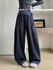 Calça Xadrez Azul Marinho com Barra Flare para Mulheres, Novo Estilo de Verão, Calça de Perna Larga Solta Emagrecedora, Estilo Casual Preguiçoso, Versão Estreita, Calça com Barra Curva