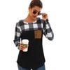 Camiseta de manga larga con bolsillo y cuello redondo con costuras a cuadros para mujer, primavera y verano, 2021
