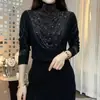 Nueva Camiseta Base de Manga Larga para Mujer Otoño e Invierno, Elegante y a la Moda, con Pedrería Resistente, Estilizadora, Cuello Semi-Alto, Ajuste Ceñido para Ocultar el Vientre