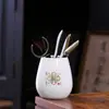 Ceremonia del Té de Porcelana de Jade Seis Caballeros Cerámica Dehua Accesorios de Té Kung Fu Madera de Sándalo Negra China Pinza para Té Pluma de Té Juego de Té