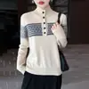 Suéter de punto 100% lana con cierre de medio botón, cuello camisero para mujer, nueva moda otoño e invierno, adelgazante, versátil, jacquard retro coreano