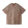 Camiseta washed distressed de 240g, algodão puro de peso pesado, estilo americano vintage moderno, modelagem solta, ombro caído, transfronteiriço, manga curta solta de meia manga