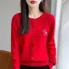 Suéter de malha redondo transfronteiriço estilo pônei, cardigã jovial para mulheres, casaco de veludo Andy, cardigã de manga comprida de Ano Novo