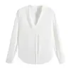 Camisa Blanca sin Cuello para Mujer, Top de Trabajo Antiarrugas, Estilo Otoño, Elegante, Gasa, Cuello en V, Profesional, Manga Larga