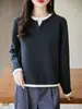 Suéter Versátil de Moda Falso Duas Peças 100% Algodão Puro Gola Redonda para Mulheres, Camisa Básica de Tricô Afinando Solta para Outono e Inverno para Mulheres