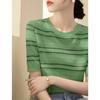 25 Xia Xin Elegante Redutor de Idade Emagrecimento Listrado Tricô Jacquard Seda Gelo Camiseta de Manga Curta Cobrindo a Carne e Versátil Blusa Solta para Mulheres