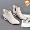 Botas de tornozelo baixas de bico fino versáteis estilo francês para o outono/inverno de 2026 para mulheres, botas Martin de couro macio com forro de lã, botas simples de couro macio para mulheres