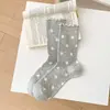 Meias Estilo Coreano para Mulheres, Novas Meias Versáteis de Meia-Perna para Primavera e Verão com Bolinhas, Bordas Franzidas, Malha, Algodão Puro, Estilo Fino, Meias Largas