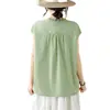 Foto Real de Camisa Verde a Cuadros de Algodón Puro Artística para Mujer, Verano 2026 Blusa Holgada con Volantes y Cuello Redondo Top Casual