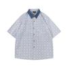 Camisa listrada japonesa de manga curta listrada masculina e feminina rua gola jeans costura jovem namorado solto camisa casal
