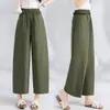 Pantalones cropped de pierna ancha de seda helada hechos a medida para mujer, estilo de verano fino con ribete de encaje, cintura elástica, casual de nueve puntos, secado rápido, ajuste holgado