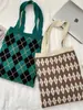 910301 Bolso de Mano Tejido de Diamantes Vintage, Bolso de Hombro de Lana a Cuadros en Contraste de Color, Bolso de Mano Artístico de Gran Capacidad